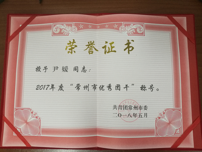 尹媛同志获评2017年度常州市优秀团干